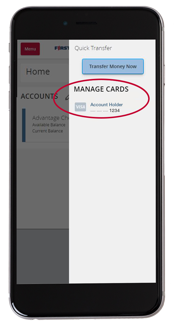 "manage cards" screen on the first financial bank mobile app